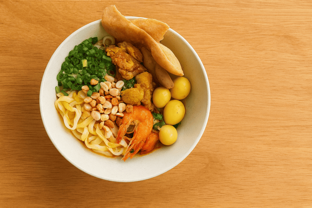 The vegetarian Mi Quang is served with an artistic and attractive presentation